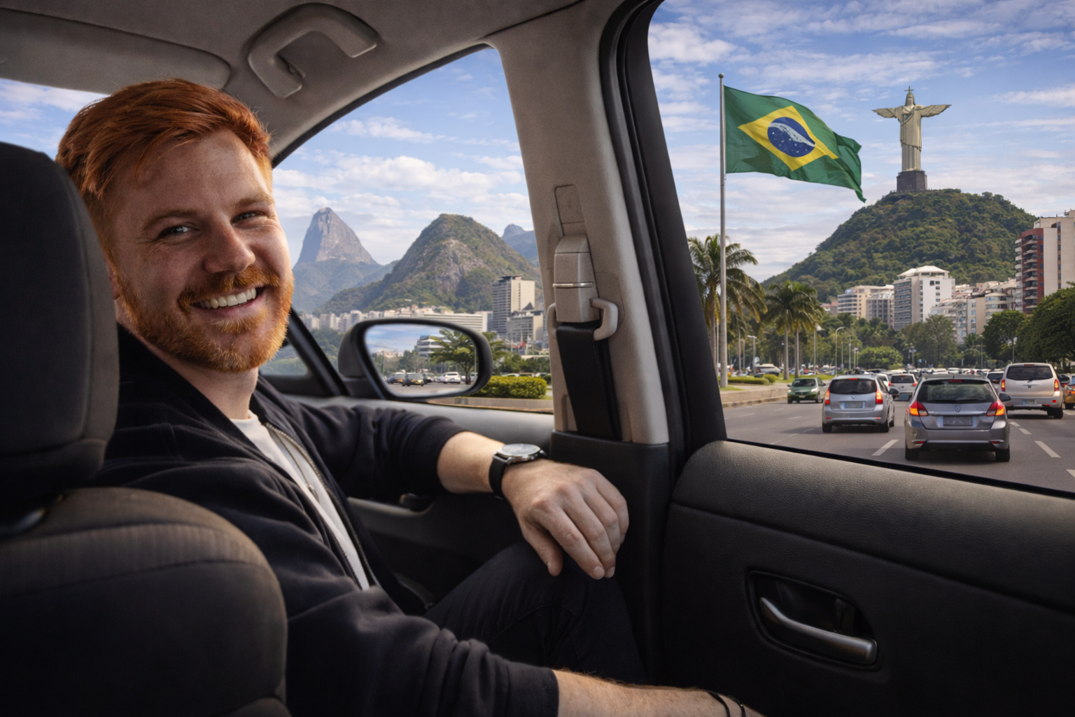 Dirigindo no Brasil com vista do Rio de Janeiro